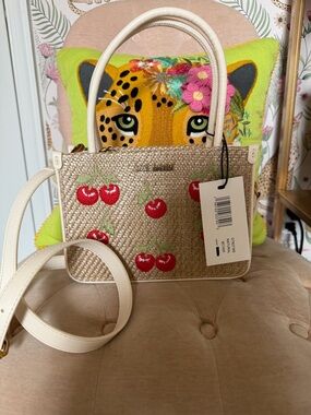 Steve Madden Cream Woven Cherry-Embroidered Satchel Natural Summer